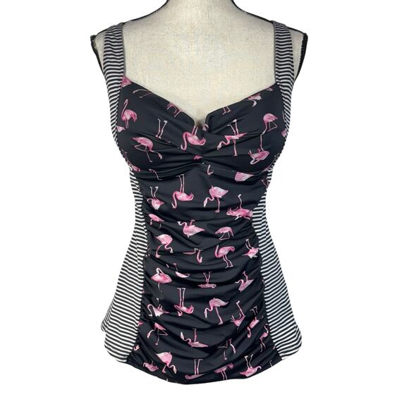 Torrid SZ 0 (Large) Tankini Swim Top Flamingos Striped Push-Up Padded Ruched - Picture 1 of 9